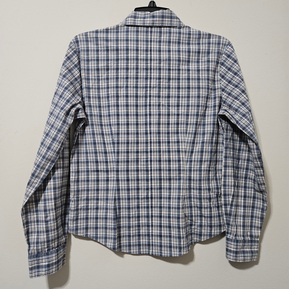 Andrew & Co Womens Blue Tan Plaid Button Down Shirt Long Sleeve Size Medium - Picture 4 of 4